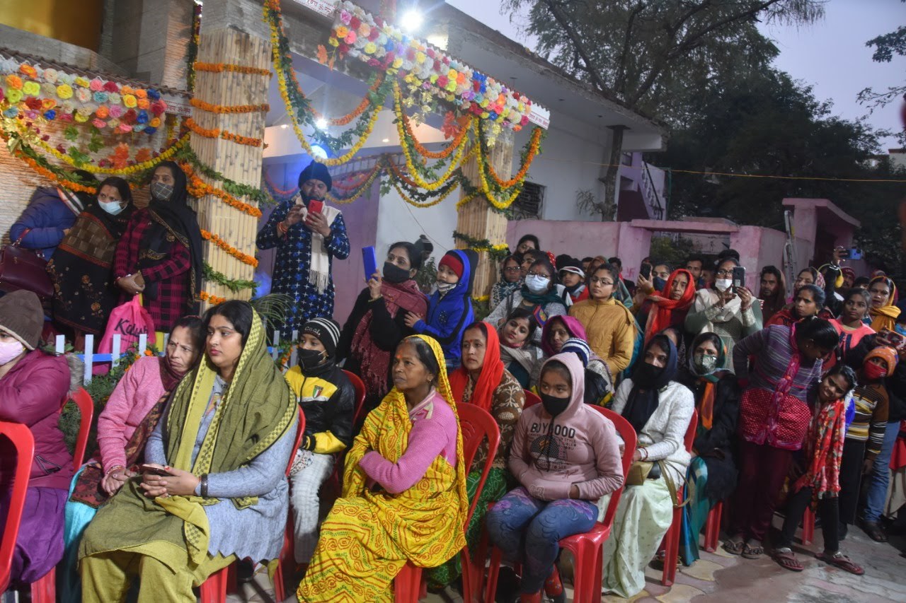 Devotees gathering at the temple